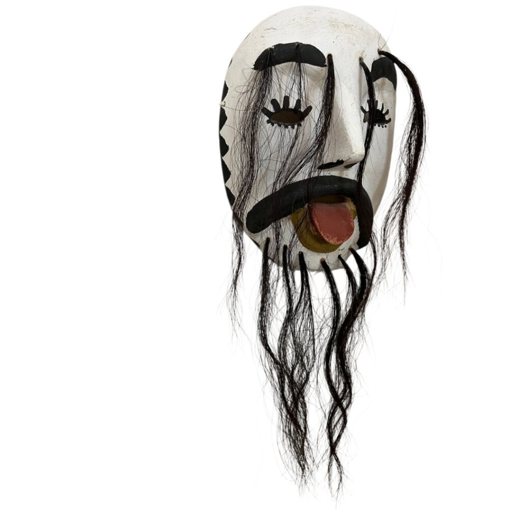 Vtg Hand Carved Wooden Mask with Hair Primitive Folk Art Tribal Wall Mask